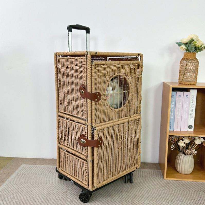 Rattan Plaited Travel Knit Hard Cat Carrier Luggage with Mat and Telescopic Handle Cat Carrier Suitcase with Wheels for Pet
