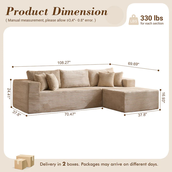104" L-Shape Modular Couch with Chaise, Plush Corduroy Fabric, No Assembly Required