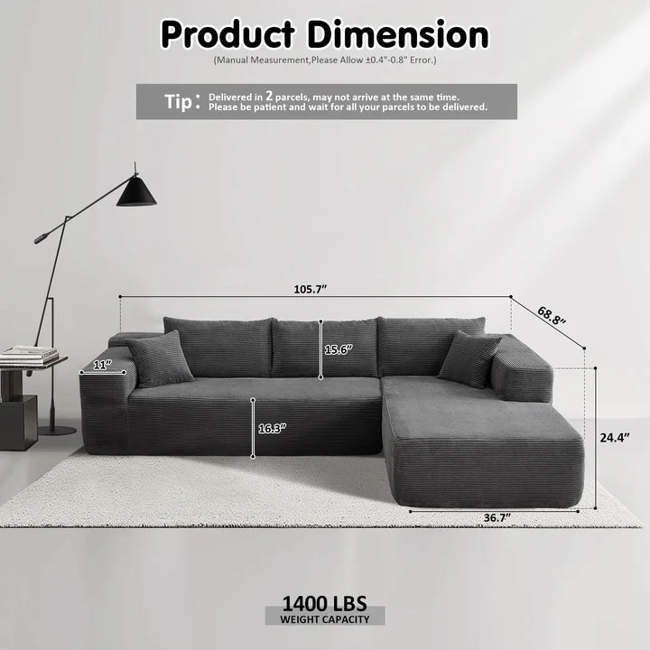 104" L-Shape Modular Couch with Chaise, Plush Corduroy Fabric, No Assembly Required