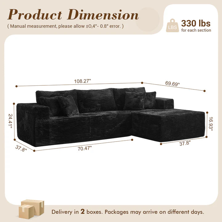 104" L-Shape Modular Couch with Chaise, Plush Corduroy Fabric, No Assembly Required