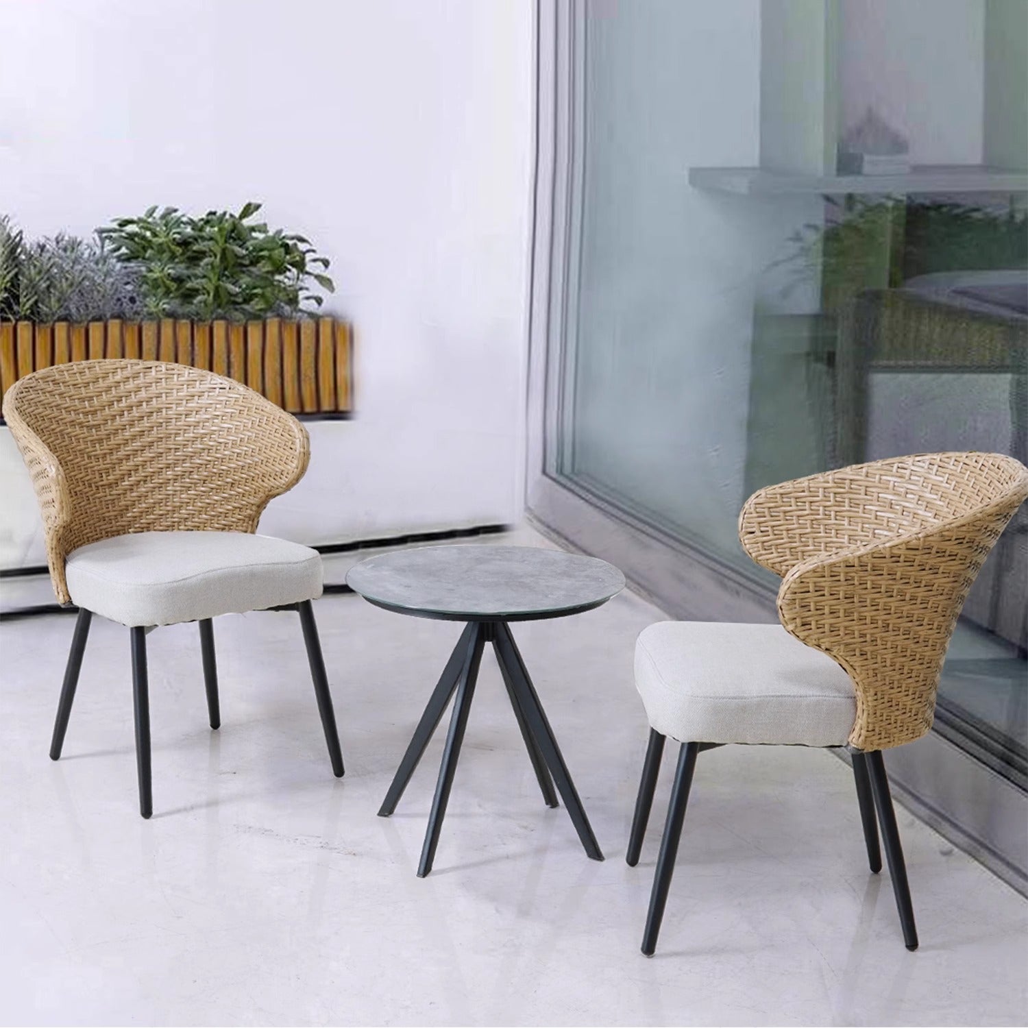 Outdoor Furniture Set for Courtyard Villas: Rattan Chairs with Soft Cushions for Relaxing on Open-Air Balconies Trendy Waterproof and UV-Resistant Outdoor Table and Chair Combination