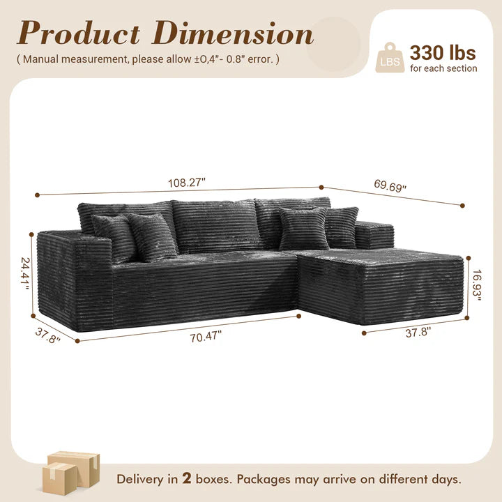 104" L-Shape Modular Couch with Chaise, Plush Corduroy Fabric, No Assembly Required