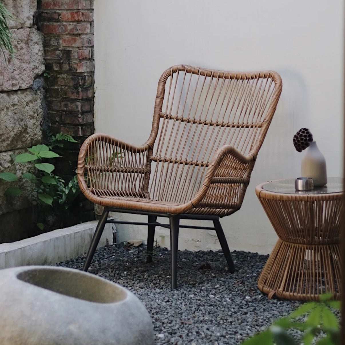 Balcony outdoor leisure rattan chair three piece set table, chair, coffee table footrest combination backrest chair, single rattan sofa lounge chair