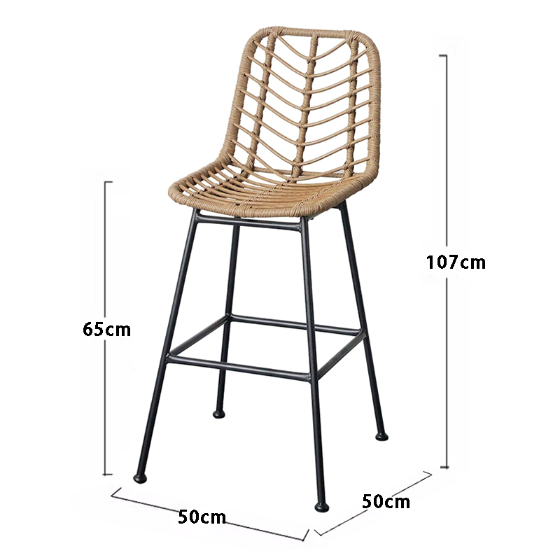 Outdoor bar counter chair, open-air leisure rattan high-leg stool, iron art bar chair, household restaurant patio waterproof dining chair