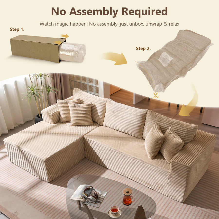 104" L-Shape Modular Couch with Chaise, Plush Corduroy Fabric, No Assembly Required