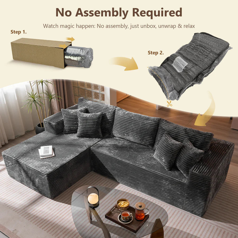 104" L-Shape Modular Couch with Chaise, Plush Corduroy Fabric, No Assembly Required