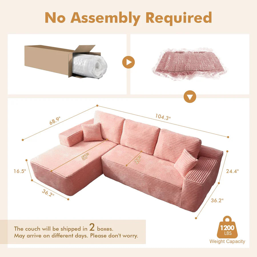 104" L-Shape Modular Couch with Chaise, Plush Corduroy Fabric, No Assembly Required