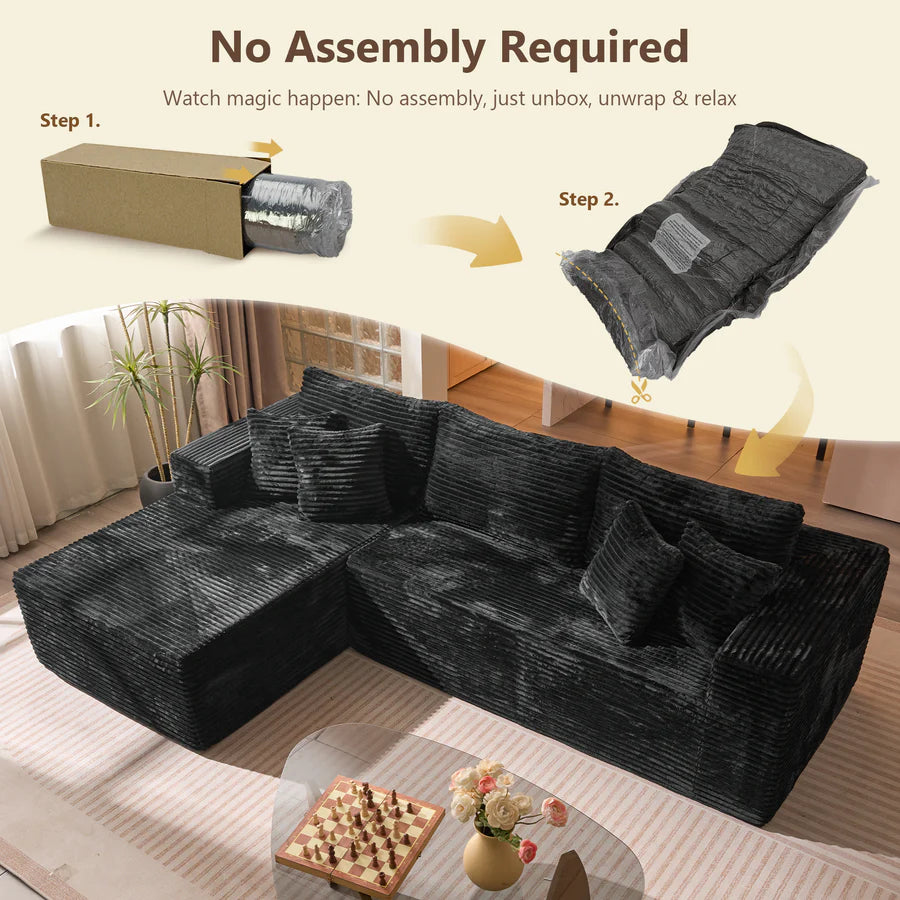 104" L-Shape Modular Couch with Chaise, Plush Corduroy Fabric, No Assembly Required