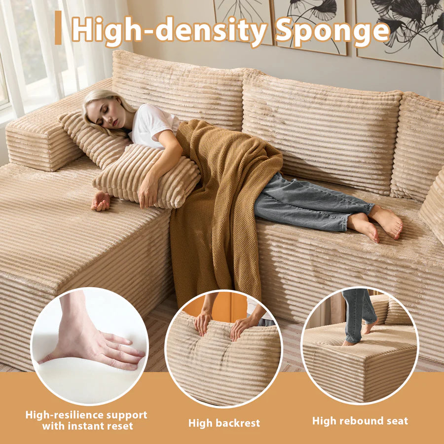 108" U-Shape Modular Couch with Ottoman, Plush Corduroy Fabric, No Assembly Required