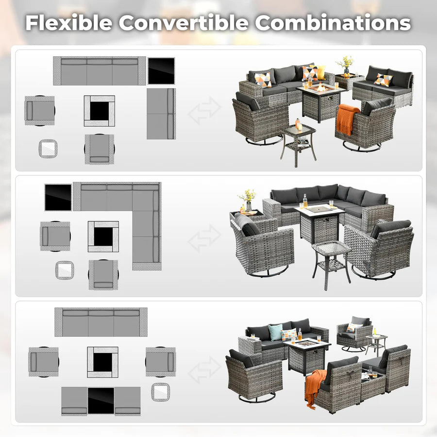 10 Pieces Patio Furniture with 7.68'' Handrails and 30'' Fire Pit Table Rocking Chair