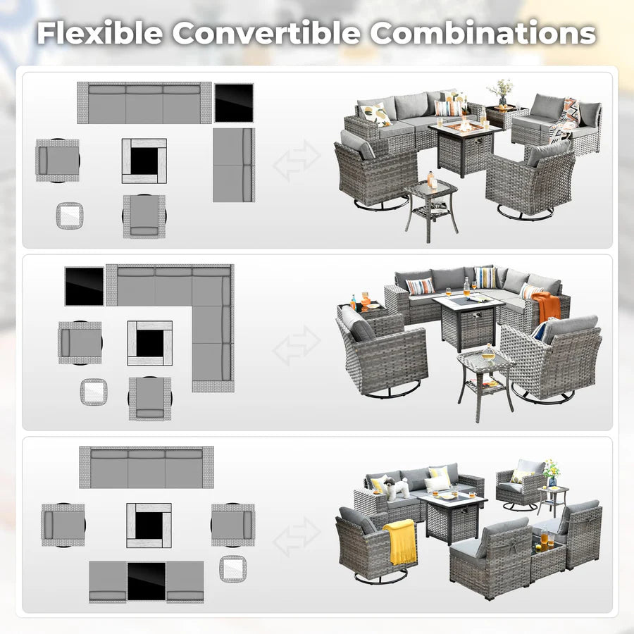 10 Pieces Patio Furniture with 7.68'' Handrails and 30'' Fire Pit Table Rocking Chair