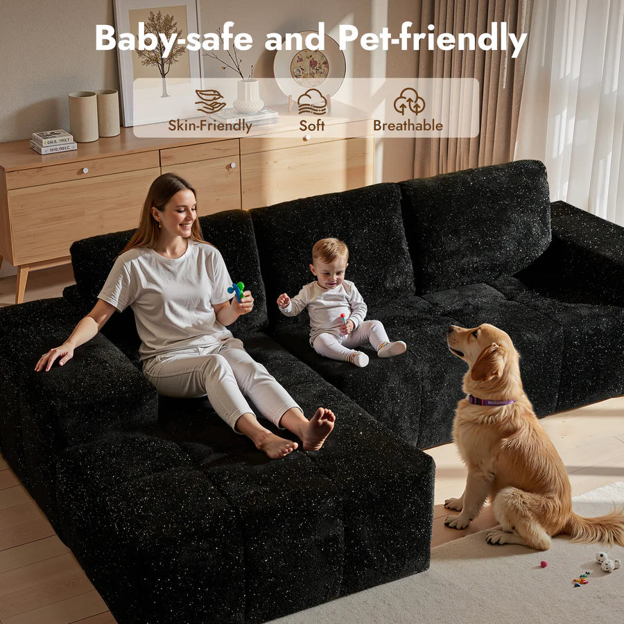 114" Cloud Sectional Sofa - L-Shaped Faux Leather Modular Couch with Deep Seat Chaise