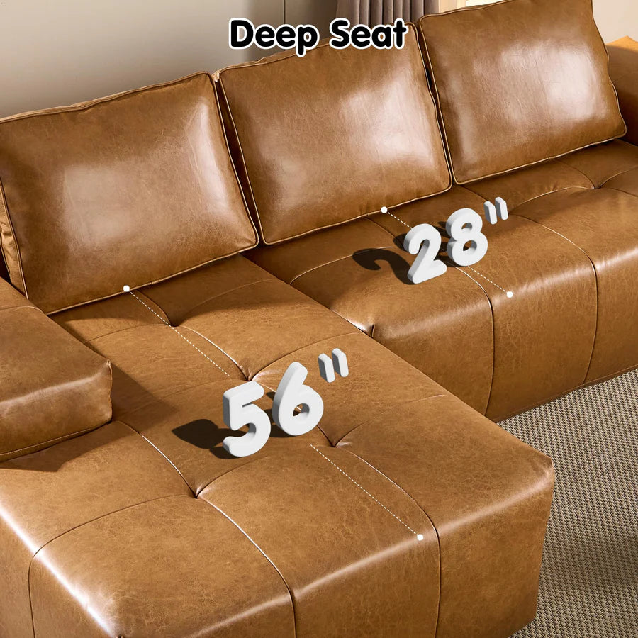 114" Cloud Sectional Sofa - L-Shaped Faux Leather Modular Couch with Deep Seat Chaise