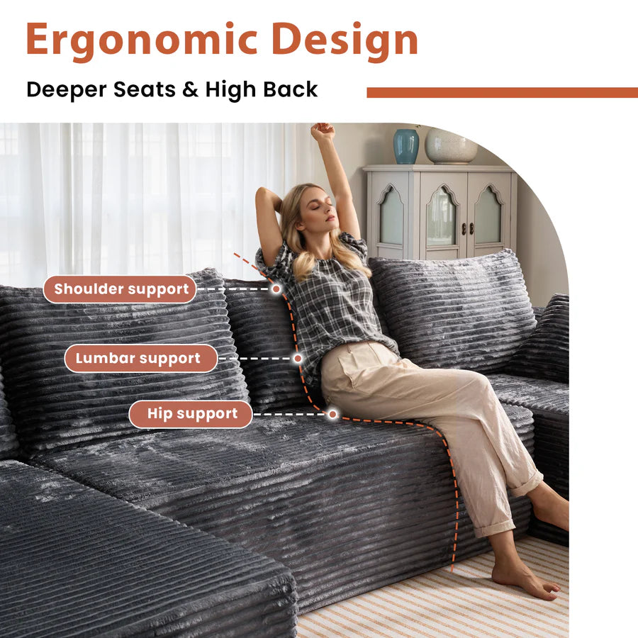 134" U-Shape Modular Couch , Plush Corduroy Fabric, No Assembly Required