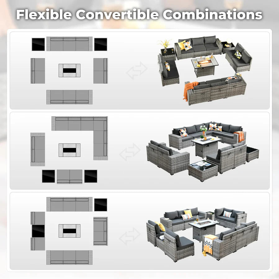 13 Pieces Outdoor Furniture with 7.68'' Broad Handrails and Rectangle 42.12'' Fire Pit Table