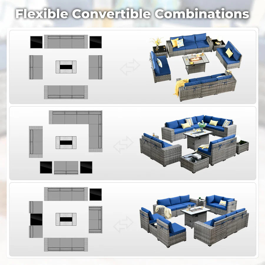 13 Pieces Outdoor Furniture with 7.68'' Broad Handrails and Rectangle 42.12'' Fire Pit Table