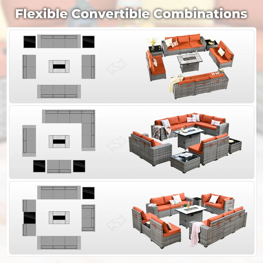 13 Pieces Outdoor Furniture with 7.68'' Broad Handrails and Rectangle 42.12'' Fire Pit Table