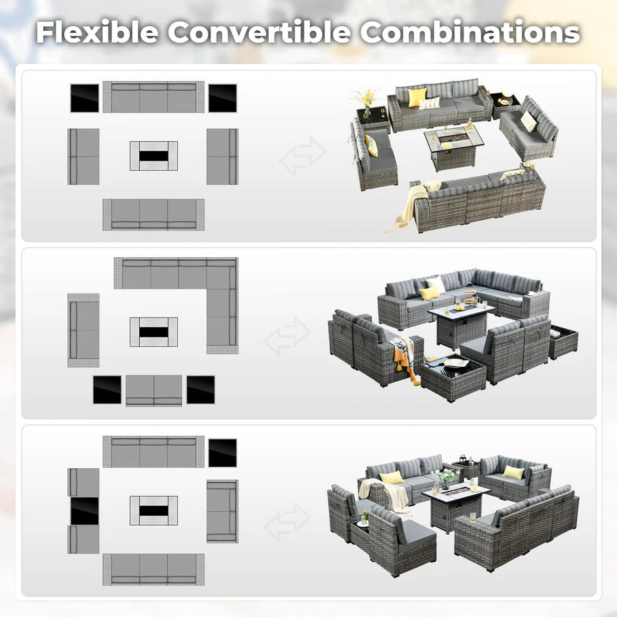 13 Pieces Outdoor Furniture with 7.68'' Broad Handrails and Rectangle 42.12'' Fire Pit Table