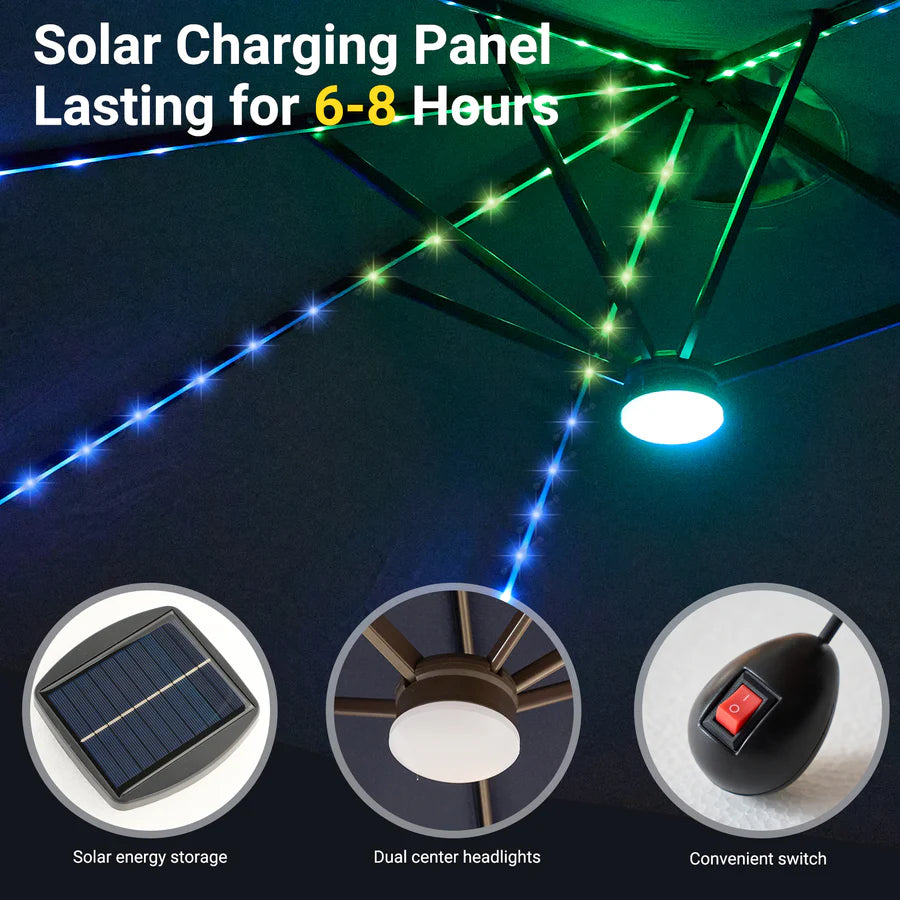 15ft Solar Patio Umbrella with APP/Remote Control, RGB LED Lights & Heavy Base