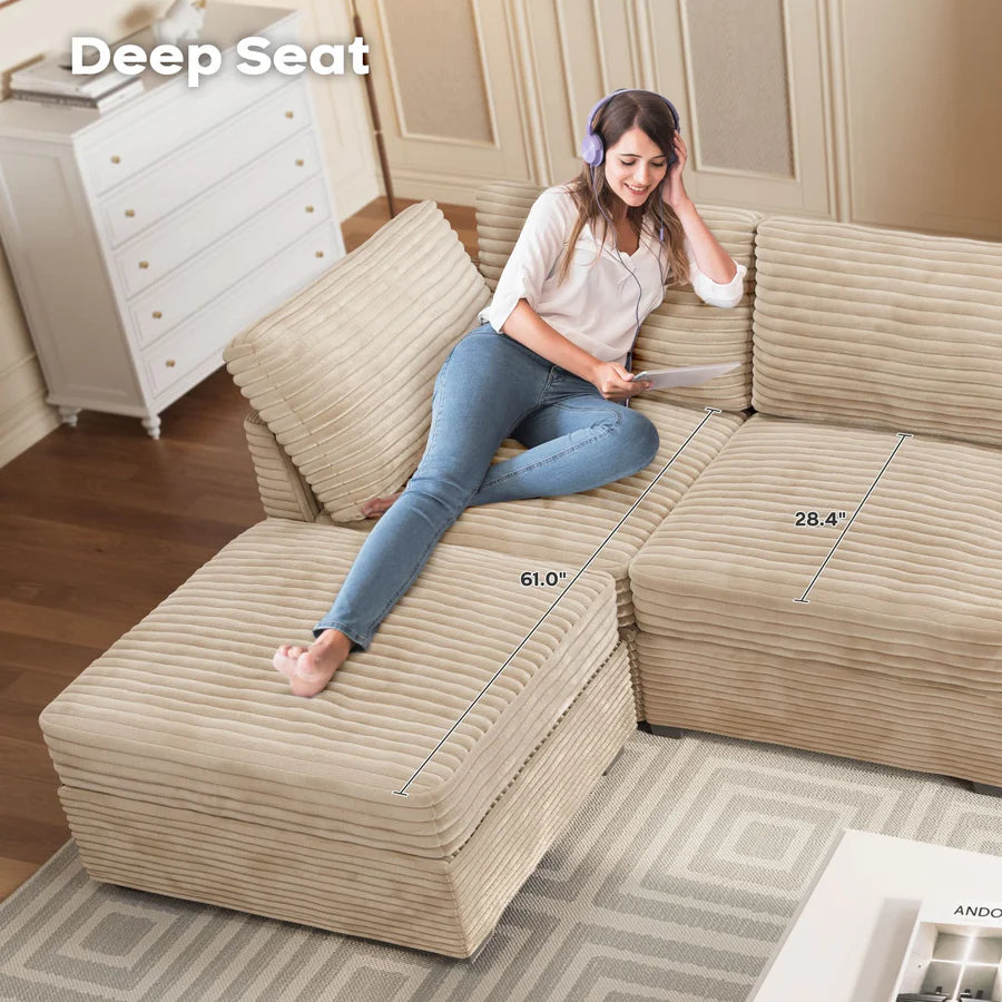 Living Room Modular Couch 5-Pieces Set, 1 Wale Plush Corduroy Fabric