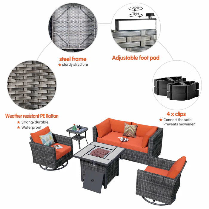Outdoor Sectional Furniture 6-Piece with Rocking Chair and 30'' Fire Pit Table