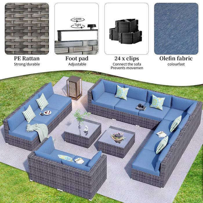 Patio Furniture Set 14-Piece with All Weather Rattan Wicker Sofa and Tempered Glass Table
