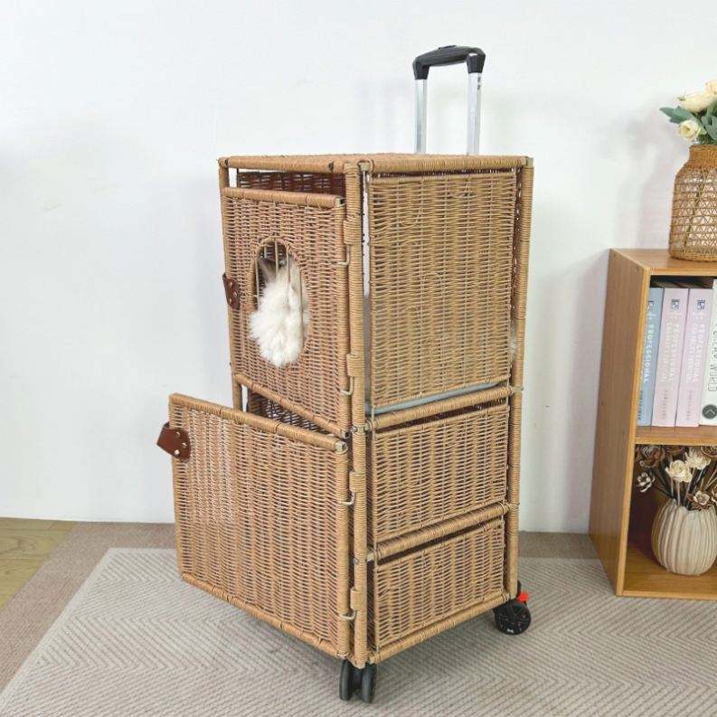 Rattan Plaited Travel Knit Hard Cat Carrier Luggage with Mat and Telescopic Handle Cat Carrier Suitcase with Wheels for Pet
