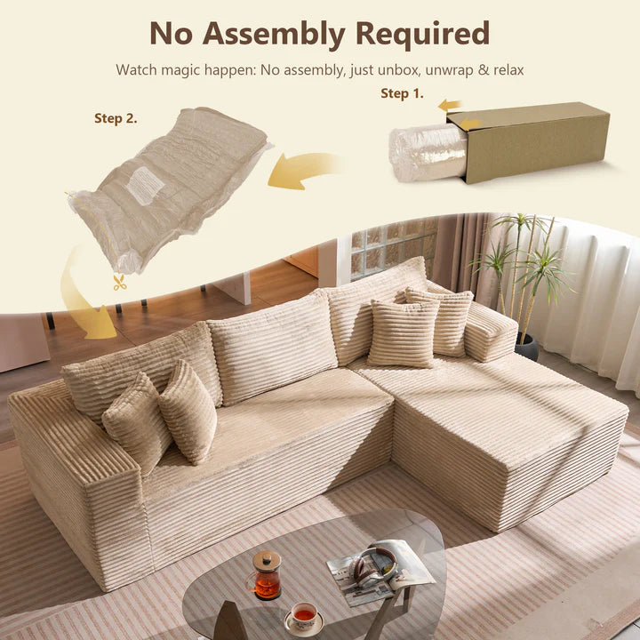 104" L-Shape Modular Couch with Chaise, Plush Corduroy Fabric, No Assembly Required