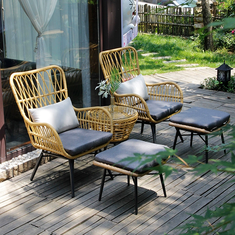 Outdoor Balcony Table and Chair Set Three-Piece Garden Lounge Set Recliner Chair with Small Backrest Nordic-Style Handcrafted Rattan Chair