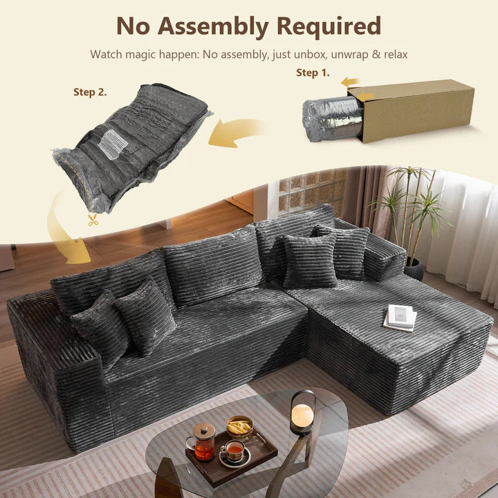 104" L-Shape Modular Couch with Chaise, Plush Corduroy Fabric, No Assembly Required