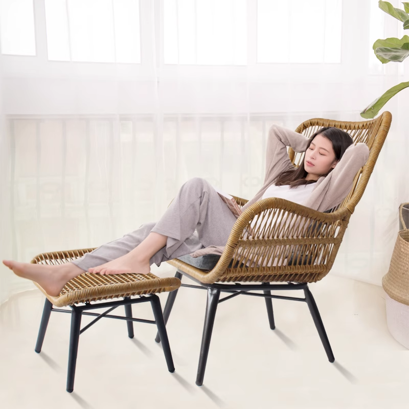 Balcony outdoor leisure rattan chair three piece set table, chair, coffee table footrest combination backrest chair, single rattan sofa lounge chair