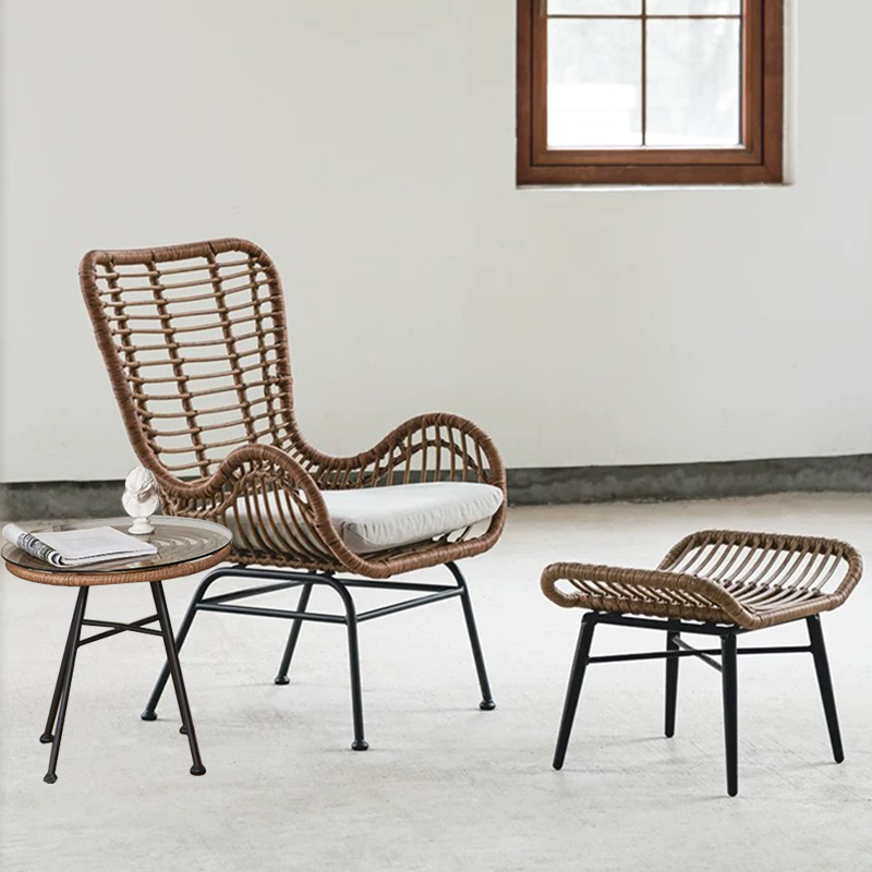 Luxury-inspired Balcony Furniture Set: Three-Piece Rattan Lounge Chair & Coffee Table Creative Outdoor Garden Set with Recliner