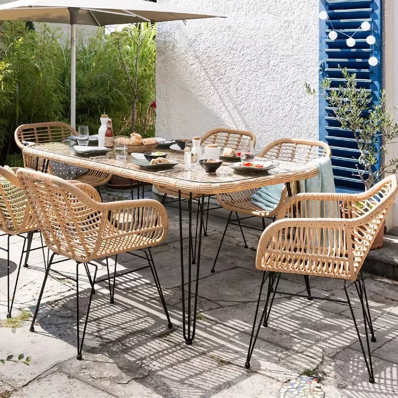 Outdoor balcony three piece set, household iron rattan leisure chair, solid wood table, courtyard simple handmade