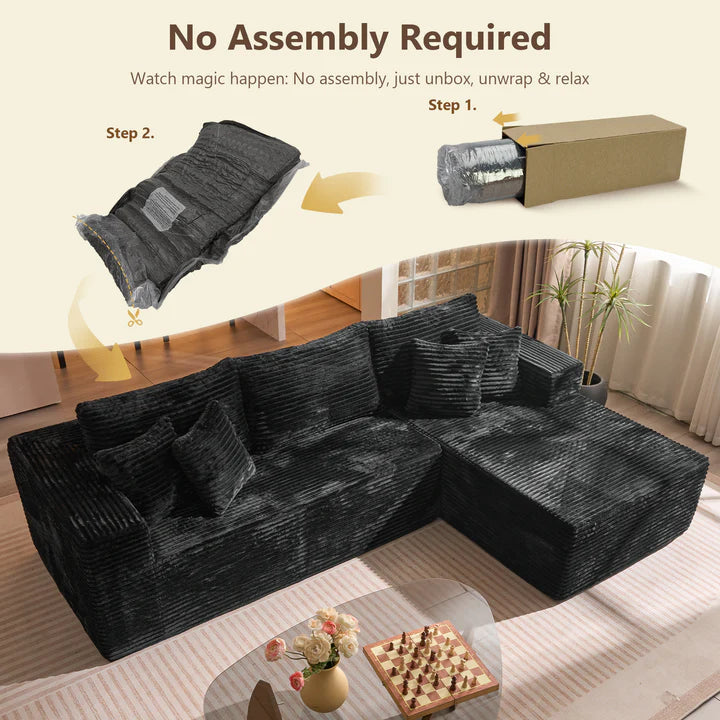 104" L-Shape Modular Couch with Chaise, Plush Corduroy Fabric, No Assembly Required