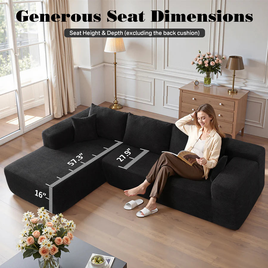 104" L-Shape Modular Couch with Chaise, Plush Corduroy Fabric, No Assembly Required