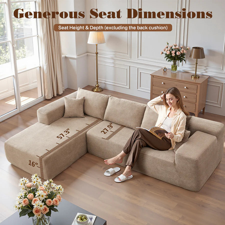104" L-Shape Modular Couch with Chaise, Plush Corduroy Fabric, No Assembly Required