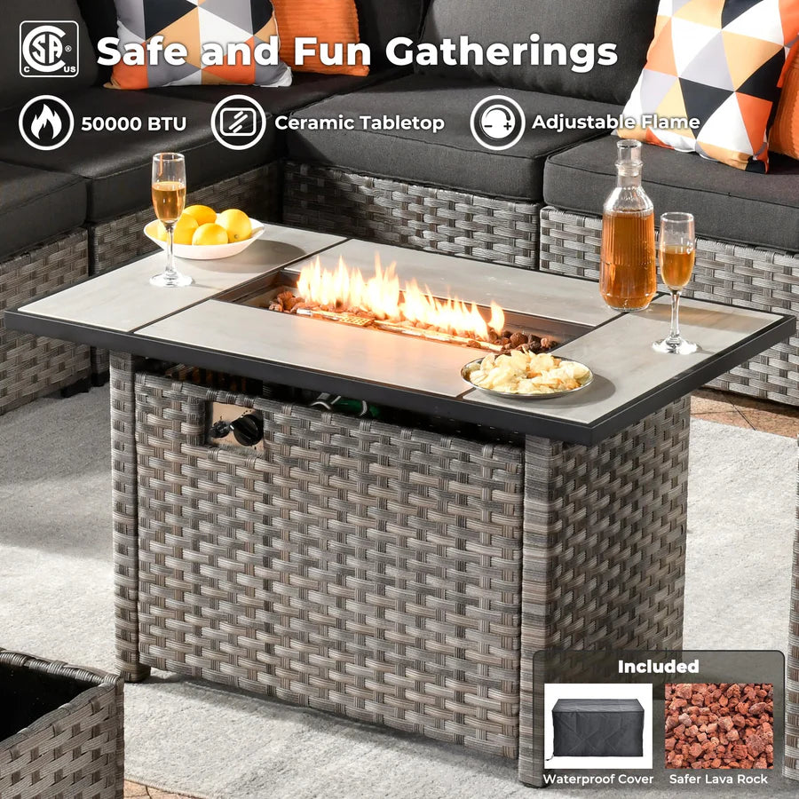 13 Pieces Outdoor Furniture with 7.68'' Broad Handrails and Rectangle 42.12'' Fire Pit Table