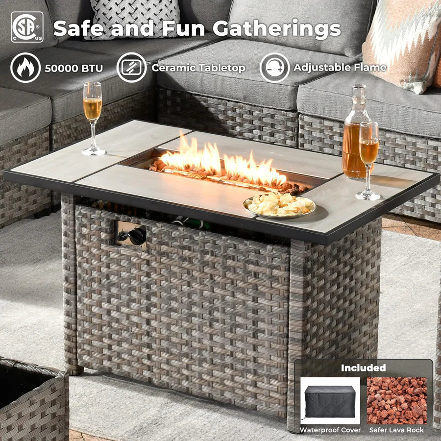 13 Pieces Outdoor Furniture with 7.68'' Broad Handrails and Rectangle 42.12'' Fire Pit Table
