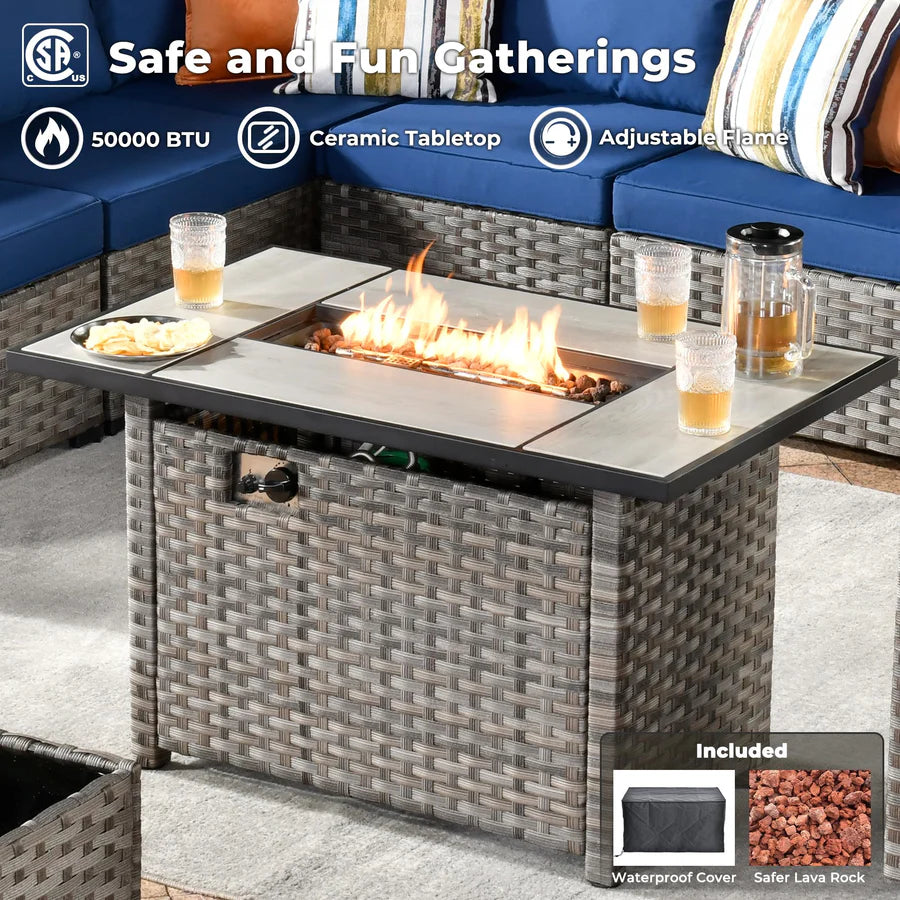 13 Pieces Outdoor Furniture with 7.68'' Broad Handrails and Rectangle 42.12'' Fire Pit Table