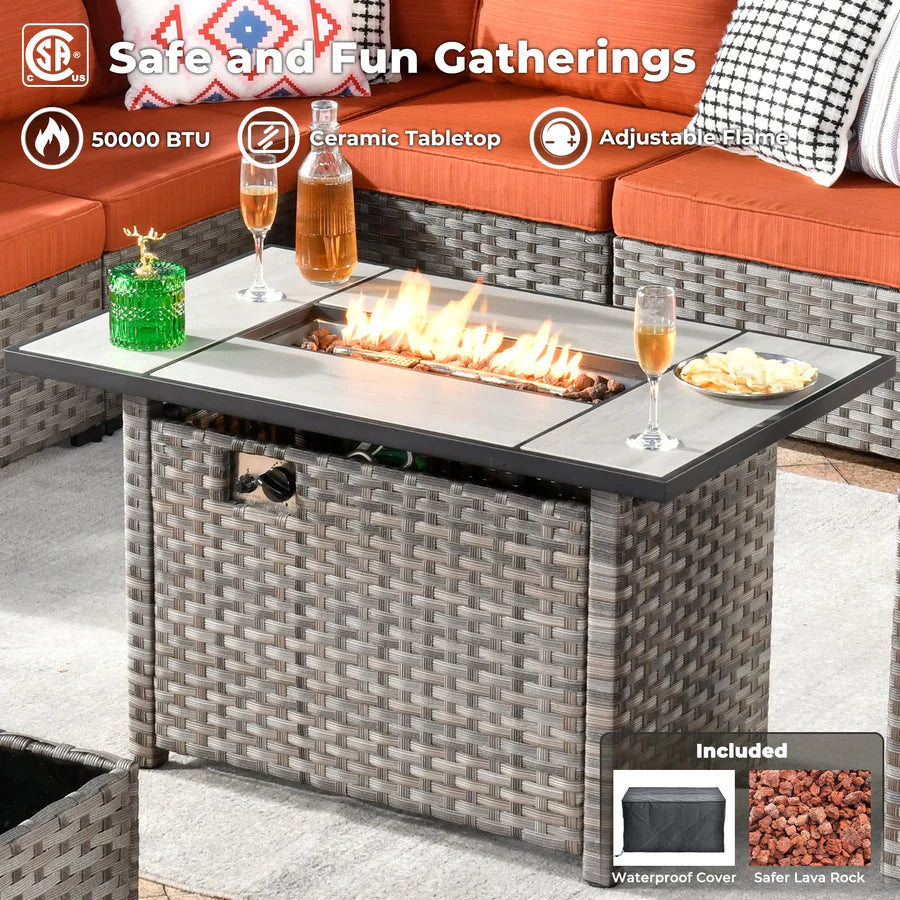 13 Pieces Outdoor Furniture with 7.68'' Broad Handrails and Rectangle 42.12'' Fire Pit Table