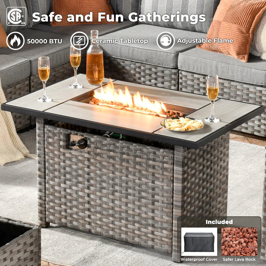 13 Pieces Outdoor Furniture with 7.68'' Broad Handrails and Rectangle 42.12'' Fire Pit Table