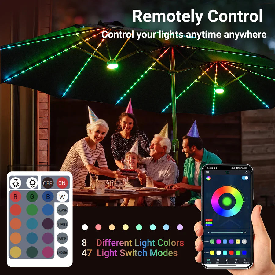 15ft Solar Patio Umbrella with APP/Remote Control, RGB LED Lights & Heavy Base