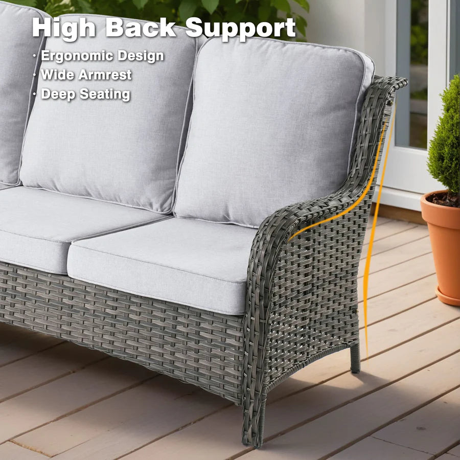 6 Pieces Patio Furniture Set with 42" Firepit Table, Outdoor Wicker Sofa with Ottomans