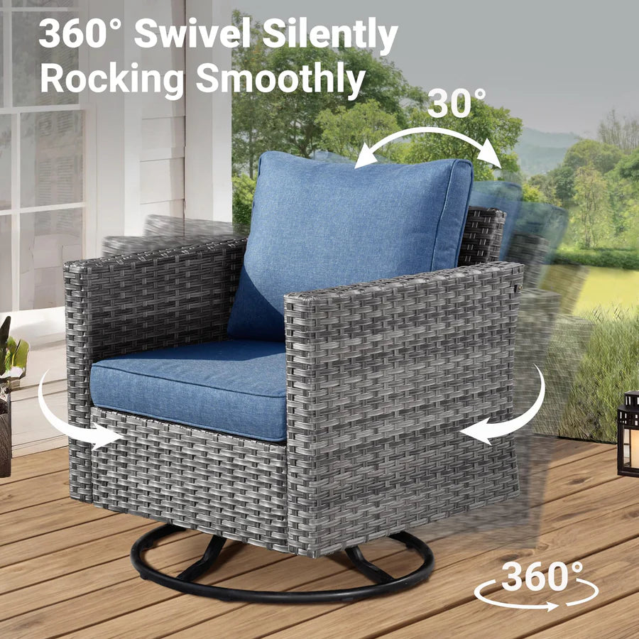7 Pieces Patio Furniture Set, Outdoor Wicker Sofa with Rocking Swivel Chairs