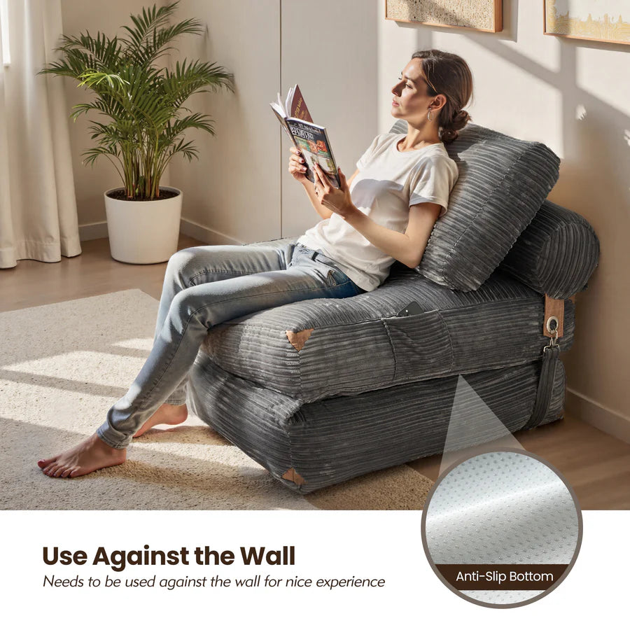 Bean Bag Bed Folding Sofa Bed – Convertible Sleeper Chair with Pillow & Back Support