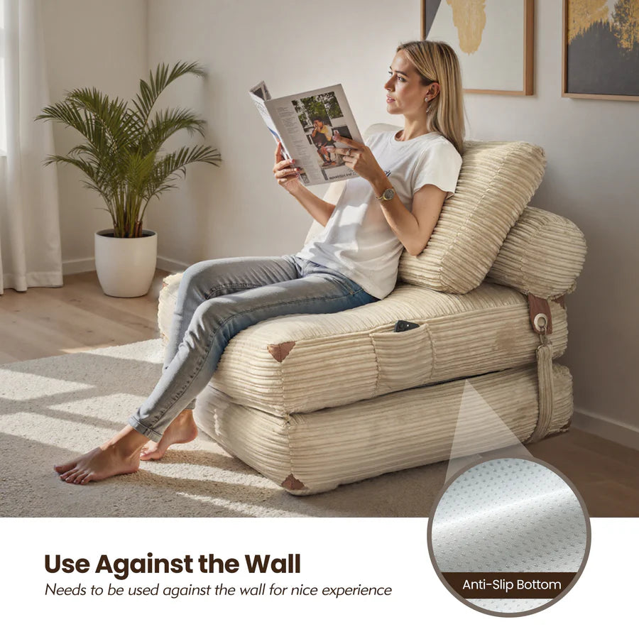 Bean Bag Bed Folding Sofa Bed – Convertible Sleeper Chair with Pillow & Back Support