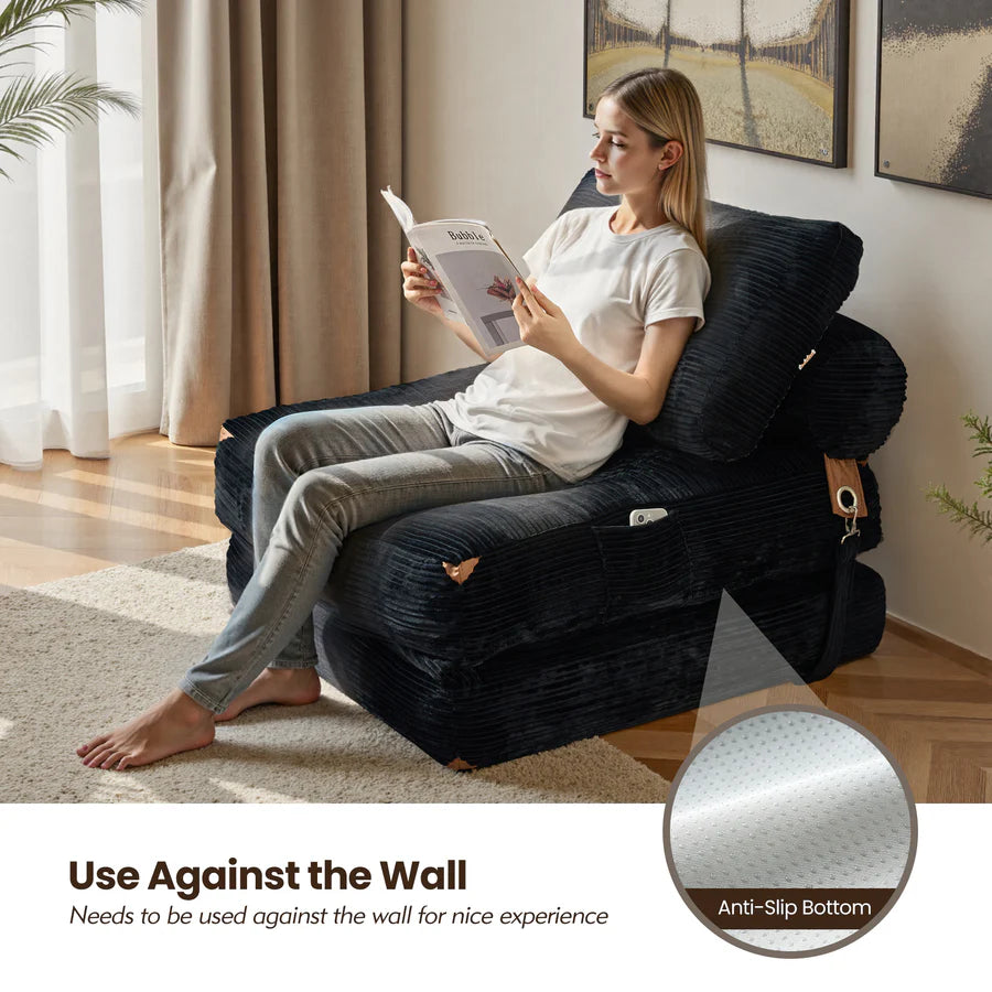 Bean Bag Bed Folding Sofa Bed – Convertible Sleeper Chair with Pillow & Back Support