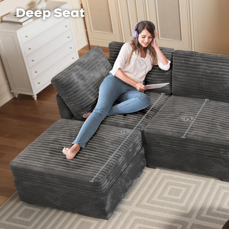 Living Room Modular Couch 5-Pieces Set, 1 Wale Plush Corduroy Fabric