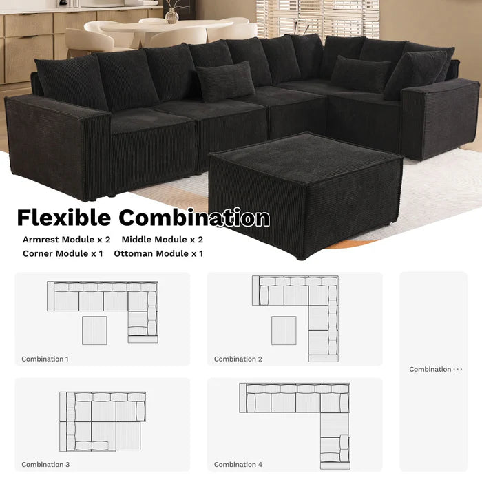 Living Room Modular Couch 6-Pieces Set, Wide Armrests