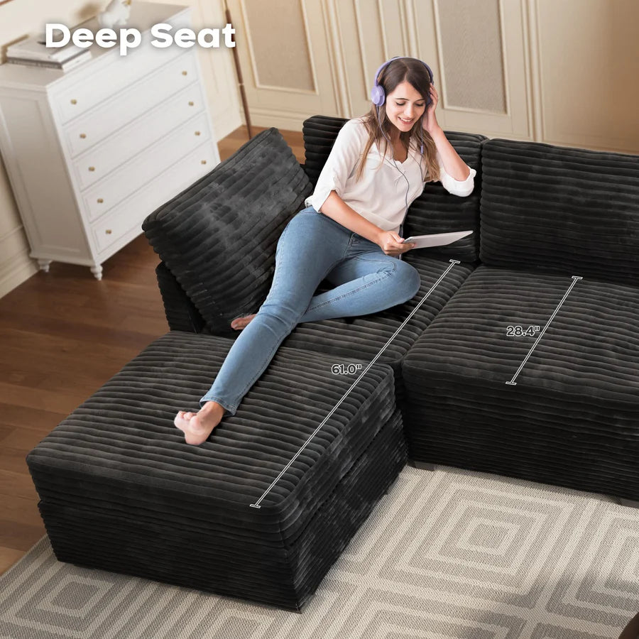 Living Room Modular Couch 5-Pieces Set, 1 Wale Plush Corduroy Fabric